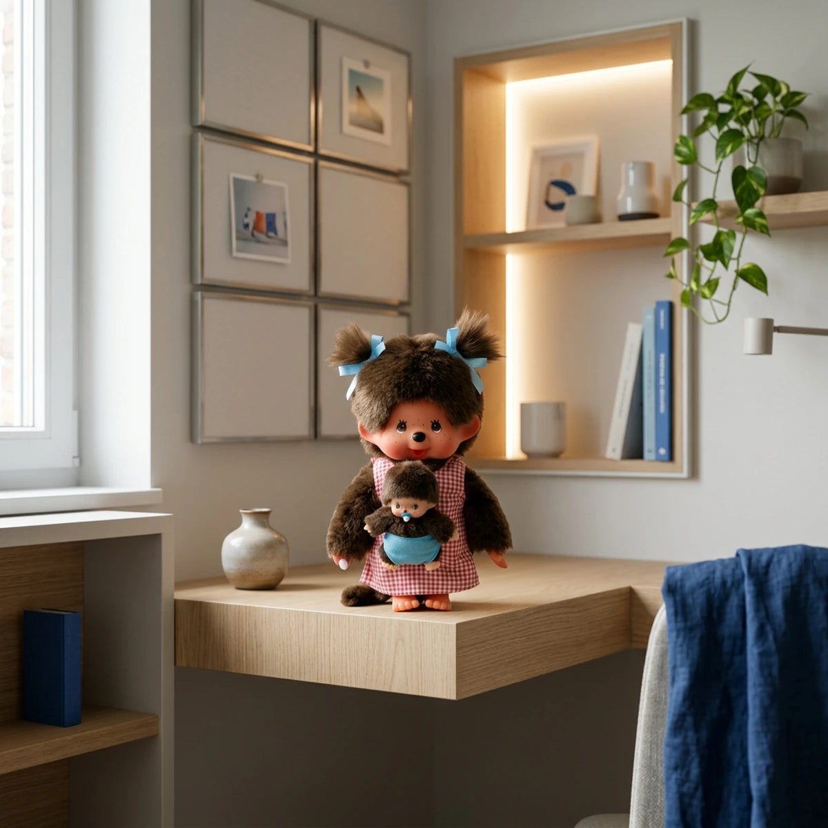 Peluche Monchhichi salopette grise 20cm