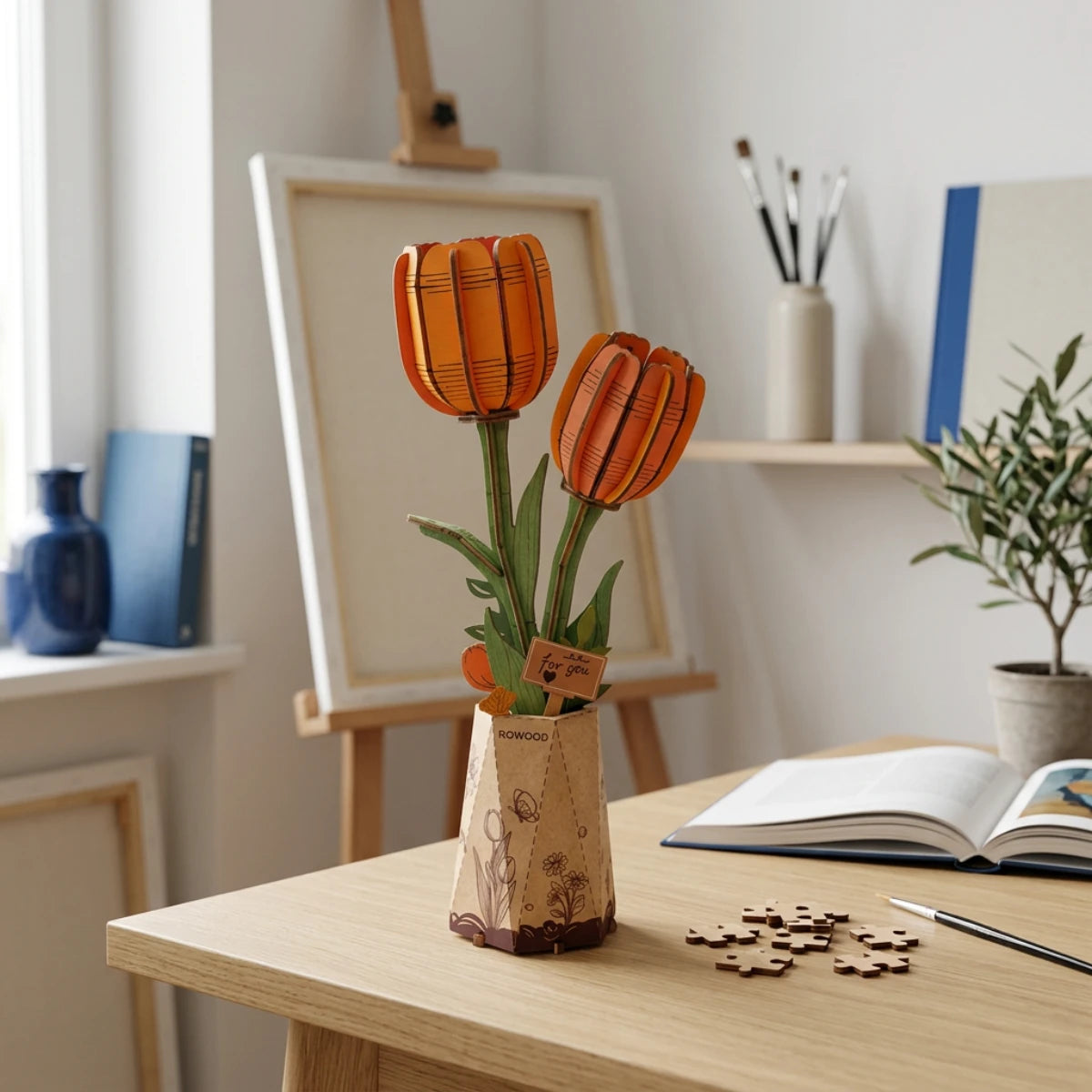 Tulipe Orange – Puzzle fleur 3D en bois (76 pièces)