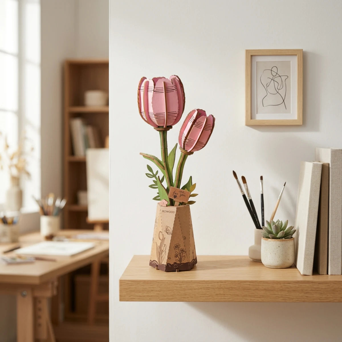 Tulipe Rose – Puzzle fleur 3D en bois (72 pièces)