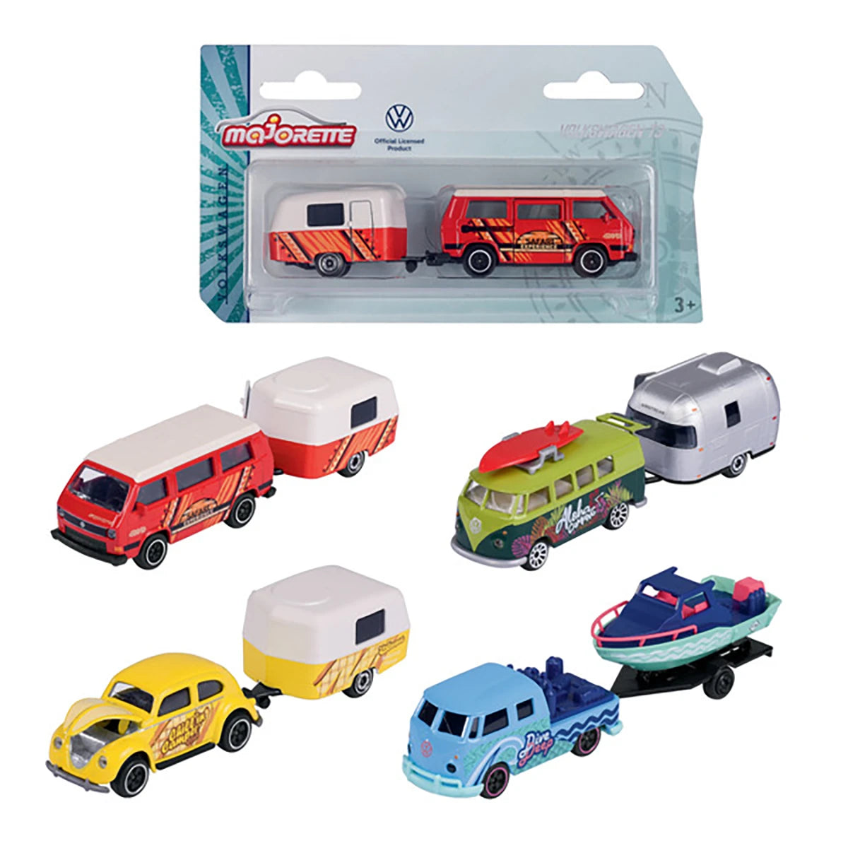 Voiture Volkswagen + remorque 1:64 (modèle aléatoire) – Majorette