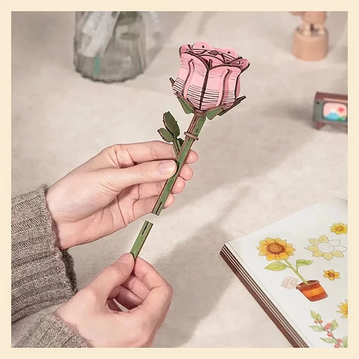 Rose Rose – Fleur en bois DIY (104 pièces)