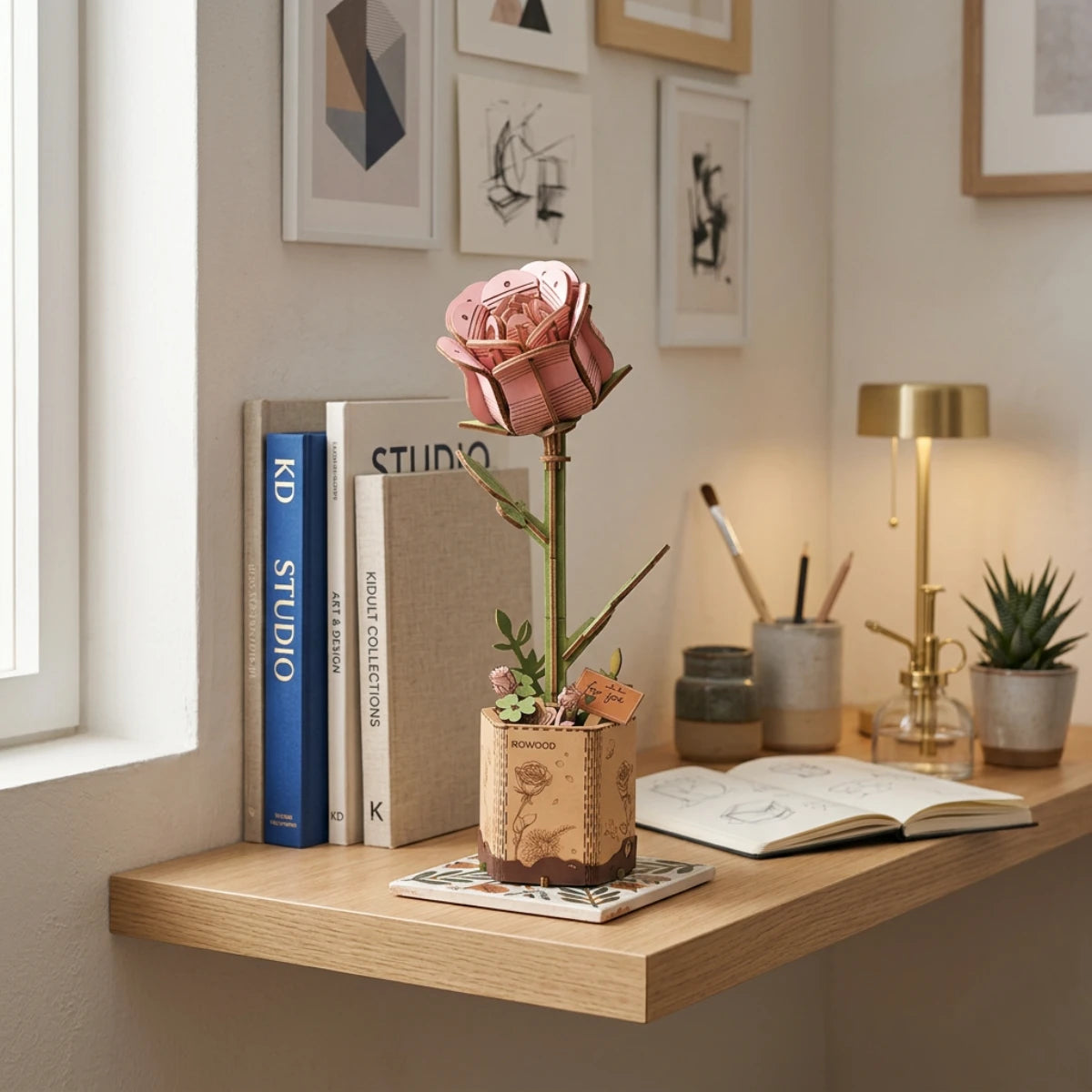 Rose Rose – Fleur en bois DIY (104 pièces)