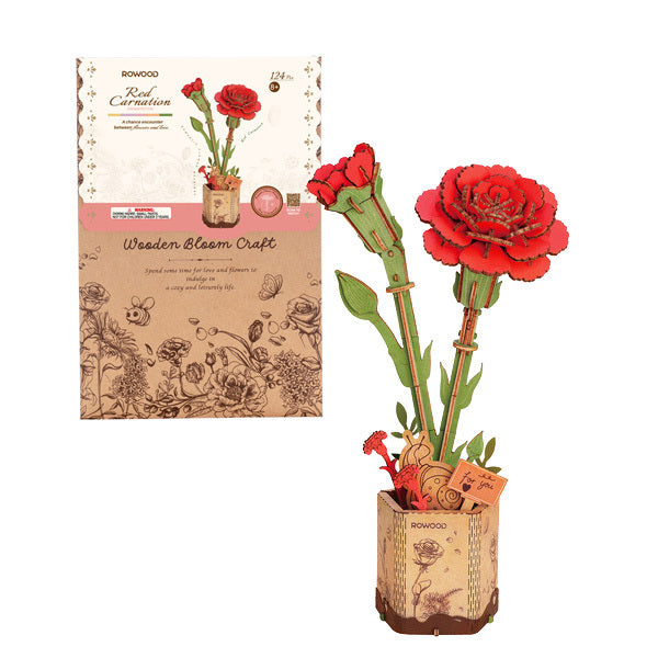 Œillet Rouge – Puzzle fleur 3D en bois (124 pièces)
