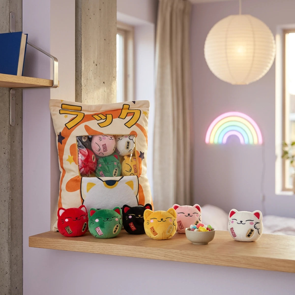 Coussin peluche Maneki-neko avec minis peluches
