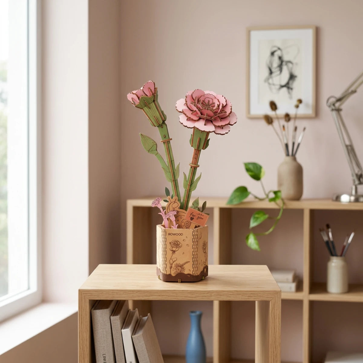 Œillet Rose – Puzzle fleur 3D en bois (124 pièces)