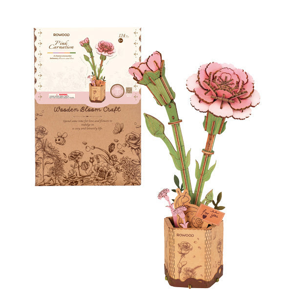 Œillet Rose – Puzzle fleur 3D en bois (124 pièces)
